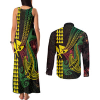 Hawaii Kakau Hammerhead Shark Couples Matching Tank Maxi Dress and Long Sleeve Button Shirt Neon Plumeria Pattern LT01 - Polynesian Pride