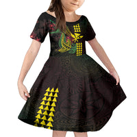 Hawaii Kakau Hammerhead Shark Family Matching Off Shoulder Short Dress and Hawaiian Shirt Neon Plumeria Pattern LT01 Daughter's Dress Black - Polynesian Pride