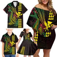 Hawaii Kakau Hammerhead Shark Family Matching Off Shoulder Short Dress and Hawaiian Shirt Neon Plumeria Pattern LT01 - Polynesian Pride