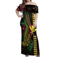 Hawaii Kakau Hammerhead Shark Off Shoulder Maxi Dress Neon Plumeria Pattern LT01 Women Black - Polynesian Pride