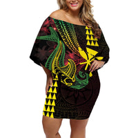 Hawaii Kakau Hammerhead Shark Off Shoulder Short Dress Neon Plumeria Pattern LT01 Women Black - Polynesian Pride
