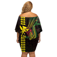 Hawaii Kakau Hammerhead Shark Off Shoulder Short Dress Neon Plumeria Pattern LT01 - Polynesian Pride
