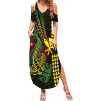 Hawaii Kakau Hammerhead Shark Summer Maxi Dress Neon Plumeria Pattern LT01 Women Black - Polynesian Pride