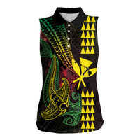 Hawaii Kakau Hammerhead Shark Women Sleeveless Polo Shirt Neon Plumeria Pattern LT01 Female Black - Polynesian Pride