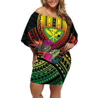 Hawaii Kanaka Maoli Flag Day Off Shoulder Short Dress Tropical Flowers LT01 Women Black - Polynesian Pride