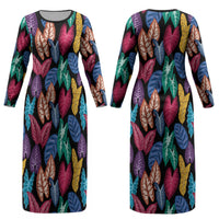 Hawaii Colorful Tropical Leaves Couples Matching Long Sleeve Bodycon Dress and Hawaiian Shirt LT01 - Polynesian Pride