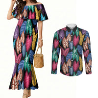 Hawaii Colorful Tropical Leaves Couples Matching Mermaid Dress and Long Sleeve Button Shirt LT01 Black - Polynesian Pride