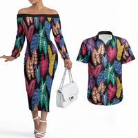 Hawaii Colorful Tropical Leaves Couples Matching Off The Shoulder Long Sleeve Dress and Hawaiian Shirt LT01 Black - Polynesian Pride