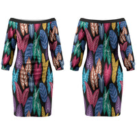 Hawaii Colorful Tropical Leaves Couples Matching Off The Shoulder Long Sleeve Dress and Hawaiian Shirt LT01 - Polynesian Pride