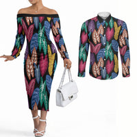 Hawaii Colorful Tropical Leaves Couples Matching Off The Shoulder Long Sleeve Dress and Long Sleeve Button Shirt LT01 Black - Polynesian Pride