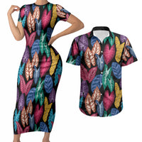 Hawaii Colorful Tropical Leaves Couples Matching Short Sleeve Bodycon Dress and Hawaiian Shirt LT01 Black - Polynesian Pride