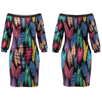 Hawaii Colorful Tropical Leaves Family Matching Off The Shoulder Long Sleeve Dress and Hawaiian Shirt LT01 Mom's Dress Black - Polynesian Pride
