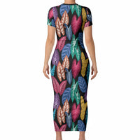 Hawaii Colorful Tropical Leaves Short Sleeve Bodycon Dress LT01 - Polynesian Pride