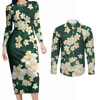 Hawaii Hibiscus Plumeria Green Couples Matching Long Sleeve Bodycon Dress and Long Sleeve Button Shirt Polynesian Pattern LT01 Green - Polynesian Pride