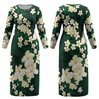 Hawaii Hibiscus Plumeria Green Couples Matching Long Sleeve Bodycon Dress and Long Sleeve Button Shirt Polynesian Pattern LT01 - Polynesian Pride