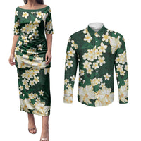 Hawaii Hibiscus Plumeria Green Couples Matching Puletasi and Long Sleeve Button Shirt Polynesian Pattern LT01 Green - Polynesian Pride
