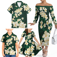 Hawaii Hibiscus Plumeria Green Family Matching Off The Shoulder Long Sleeve Dress and Hawaiian Shirt Polynesian Pattern LT01 - Polynesian Pride