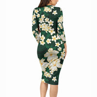 Hawaii Hibiscus Plumeria Green Long Sleeve Bodycon Dress Polynesian Pattern LT01 - Polynesian Pride
