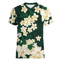 Hawaii Hibiscus Plumeria Green Women V-Neck T-Shirt Polynesian Pattern LT01 Female Green - Polynesian Pride