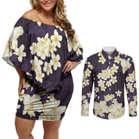 Hawaii Hibiscus Plumeria Purple Couples Matching Off Shoulder Short Dress and Long Sleeve Button Shirt Polynesian Pattern LT01 Purple - Polynesian Pride