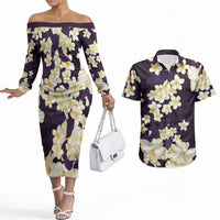 Hawaii Hibiscus Plumeria Purple Couples Matching Off The Shoulder Long Sleeve Dress and Hawaiian Shirt Polynesian Pattern LT01 Purple - Polynesian Pride