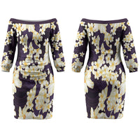 Hawaii Hibiscus Plumeria Purple Couples Matching Off The Shoulder Long Sleeve Dress and Long Sleeve Button Shirt Polynesian Pattern LT01 - Polynesian Pride