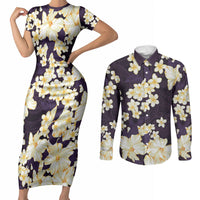 Hawaii Hibiscus Plumeria Purple Couples Matching Short Sleeve Bodycon Dress and Long Sleeve Button Shirt Polynesian Pattern LT01 Purple - Polynesian Pride