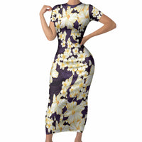 Hawaii Hibiscus Plumeria Purple Short Sleeve Bodycon Dress Polynesian Pattern LT01 Long Dress Purple - Polynesian Pride