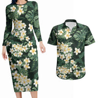 Hawaii Plumeria Tropical Leaves Couples Matching Long Sleeve Bodycon Dress and Hawaiian Shirt Monstera Calathea Palm Fronds