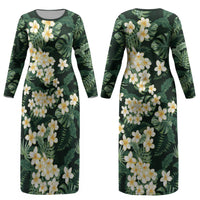 Hawaii Plumeria Tropical Leaves Couples Matching Long Sleeve Bodycon Dress and Hawaiian Shirt Monstera Calathea Palm Fronds