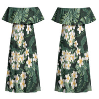 Hawaii Plumeria Tropical Leaves Couples Matching Off Shoulder Maxi Dress and Long Sleeve Button Shirt Monstera Calathea Palm Fronds