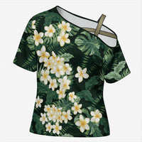 Hawaii Plumeria Tropical Leaves Cross Shoulder Shirt Monstera Calathea Palm Fronds