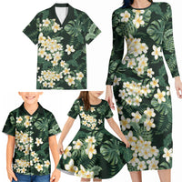 Hawaii Plumeria Tropical Leaves Family Matching Long Sleeve Bodycon Dress and Hawaiian Shirt Monstera Calathea Palm Fronds