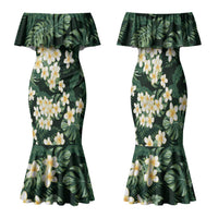 Hawaii Plumeria Tropical Leaves Family Matching Mermaid Dress and Hawaiian Shirt Monstera Calathea Palm Fronds