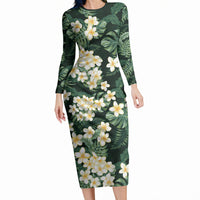 Hawaii Plumeria Tropical Leaves Long Sleeve Bodycon Dress Monstera Calathea Palm Fronds