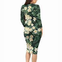 Hawaii Plumeria Tropical Leaves Long Sleeve Bodycon Dress Monstera Calathea Palm Fronds