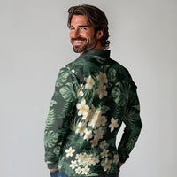 Hawaii Plumeria Tropical Leaves Long Sleeve Polo Shirt Monstera Calathea Palm Fronds