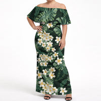 Hawaii Plumeria Tropical Leaves Off Shoulder Maxi Dress Monstera Calathea Palm Fronds