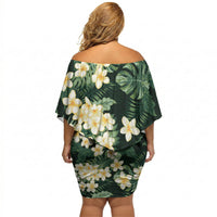 Hawaii Plumeria Tropical Leaves Off Shoulder Short Dress Monstera Calathea Palm Fronds