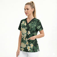 Hawaii Plumeria Tropical Leaves Scrub Top Monstera Calathea Palm Fronds