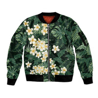 Hawaii Plumeria Tropical Leaves Sleeve Zip Bomber Jacket Monstera Calathea Palm Fronds