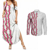 Hawaii Aalii Lei Couples Matching Summer Maxi Dress and Long Sleeve Button Shirt Aalii Ku Makani