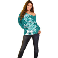 Hafa Adai Guam Off Shoulder Sweater Polynesian Floral Teal Pattern LT01 - Polynesian Pride