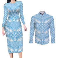 Baby Blue Mermaid Puakenikeni Maile Lei Couples Matching Long Sleeve Bodycon Dress and Long Sleeve Button Shirt