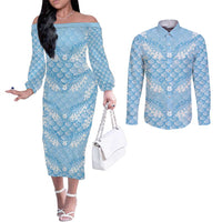 Baby Blue Mermaid Puakenikeni Maile Lei Couples Matching Off The Shoulder Long Sleeve Dress and Long Sleeve Button Shirt