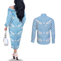 Baby Blue Mermaid Puakenikeni Maile Lei Couples Matching Off The Shoulder Long Sleeve Dress and Long Sleeve Button Shirt