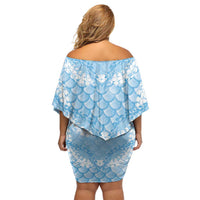 Baby Blue Mermaid Puakenikeni Maile Lei Family Matching Off Shoulder Short Dress and Hawaiian Shirt