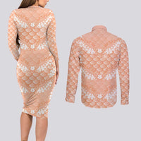 Apricot Mermaid Puakenikeni Maile Lei Couples Matching Long Sleeve Bodycon Dress and Long Sleeve Button Shirt