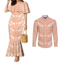 Apricot Mermaid Puakenikeni Maile Lei Couples Matching Mermaid Dress and Long Sleeve Button Shirt