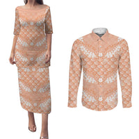 Apricot Mermaid Puakenikeni Maile Lei Couples Matching Puletasi and Long Sleeve Button Shirt LT01 Apricot - Polynesian Pride